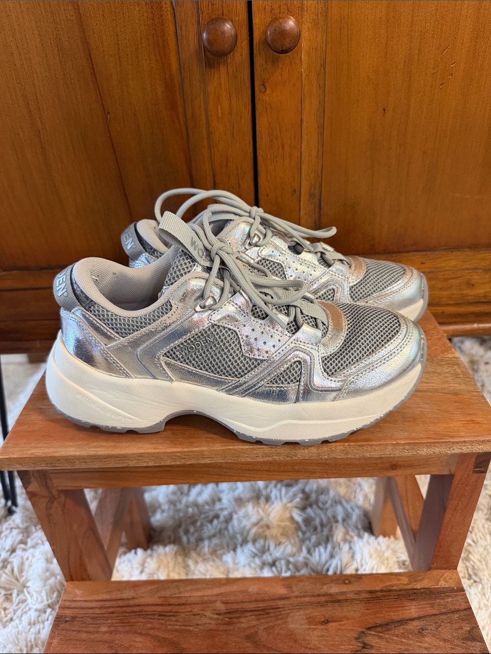 Woden Metallic Silver Women’s Lace-Up Sneakers